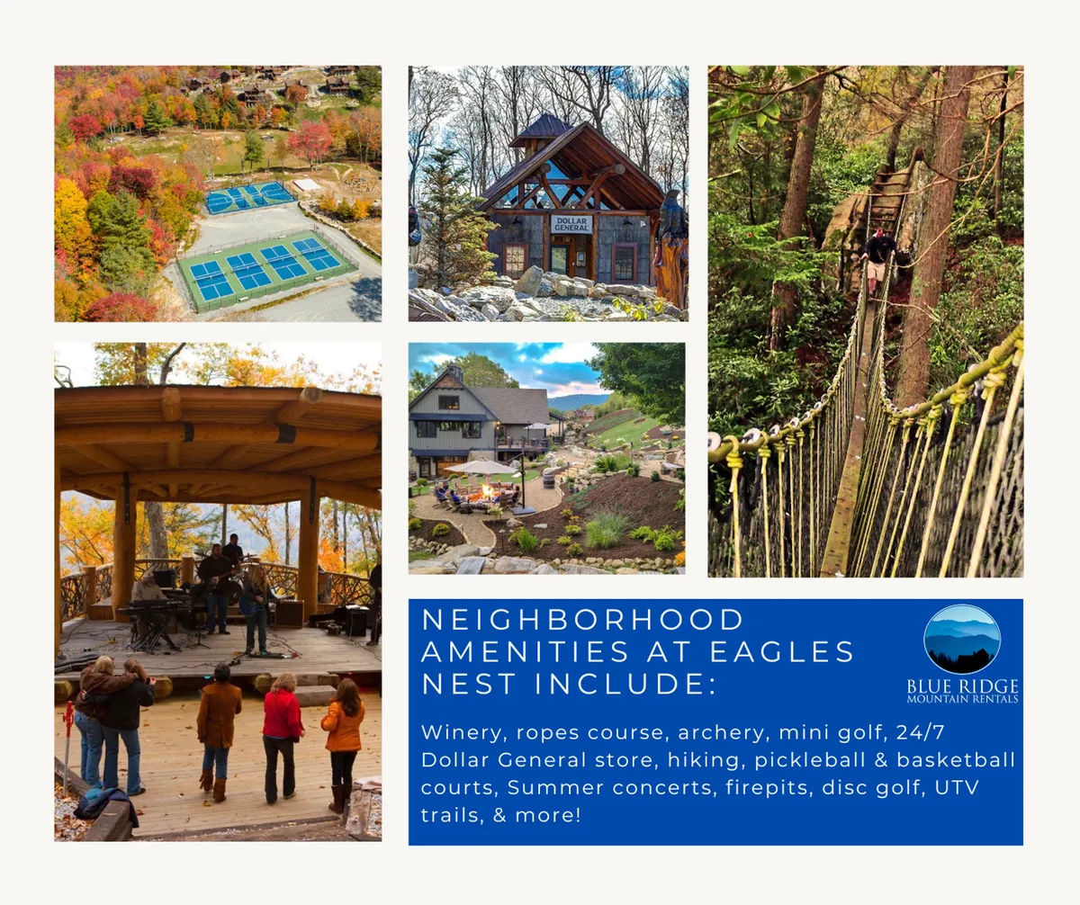 A vibrant exterior scene featuring the Eagles Nest community's ropes course, a mini golf area, and an outdoor stage, set against a backdrop of lush greenery. Families can be seen enjoying various outdoor activities, with children playing and adults mingling, while the inviting atmosphere suggests the buzz of live events and communal fun.